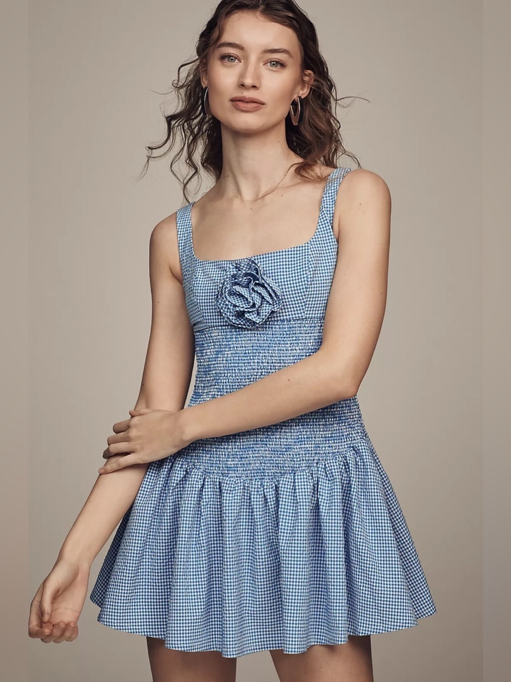 Maeve Smocked Rosette Drop-Waist Blue Gingham Mini Dress